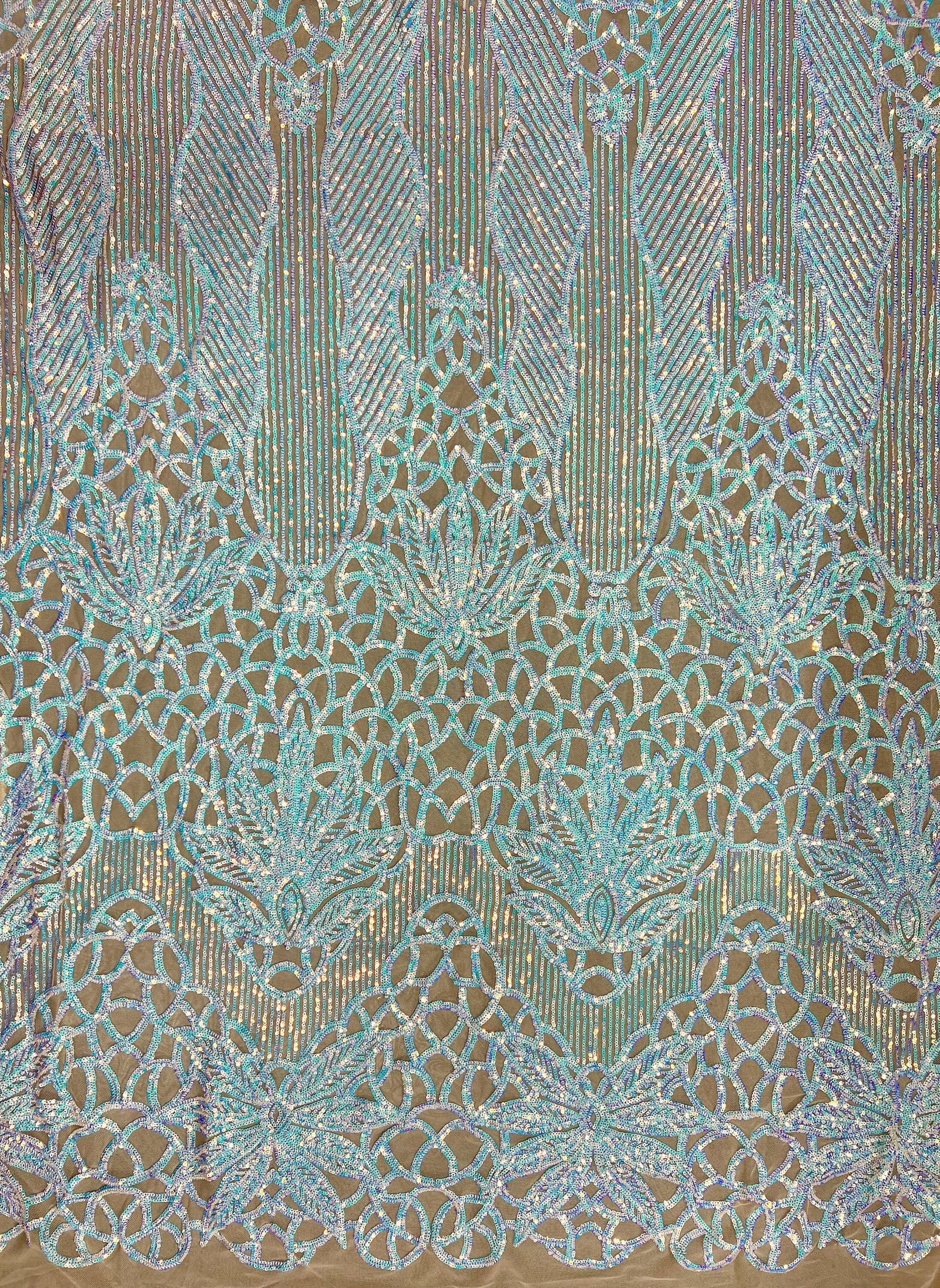 Artemis Iridescent WHITE BLUE Sequins on NUDE Mesh Lace Fabric by the Yard