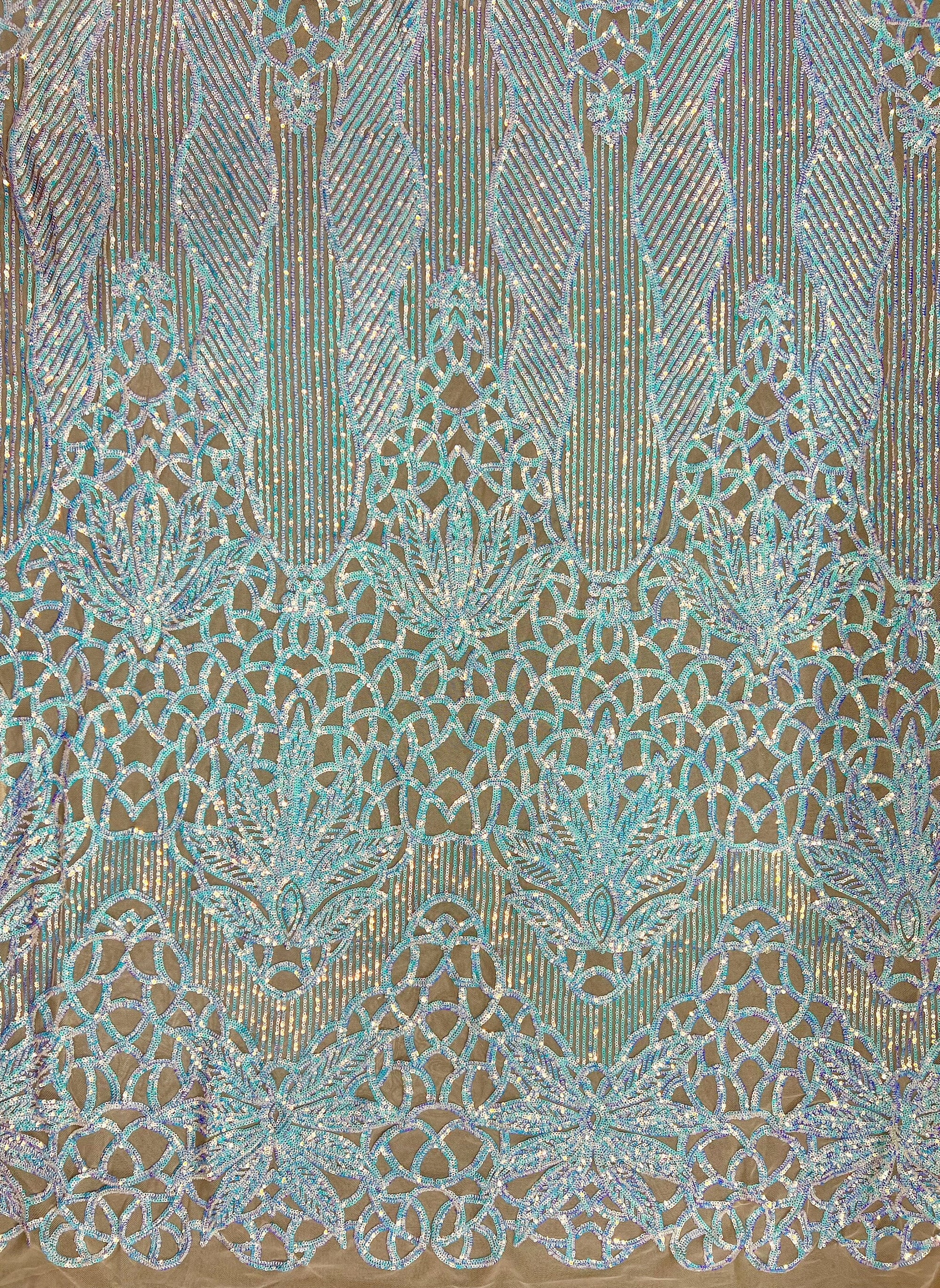 Artemis Iridescent WHITE BLUE Sequins on NUDE Mesh Lace Fabric by the Yard