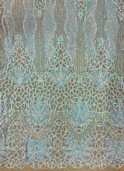 Artemis Iridescent WHITE BLUE Sequins on NUDE Mesh Lace Fabric by the Yard