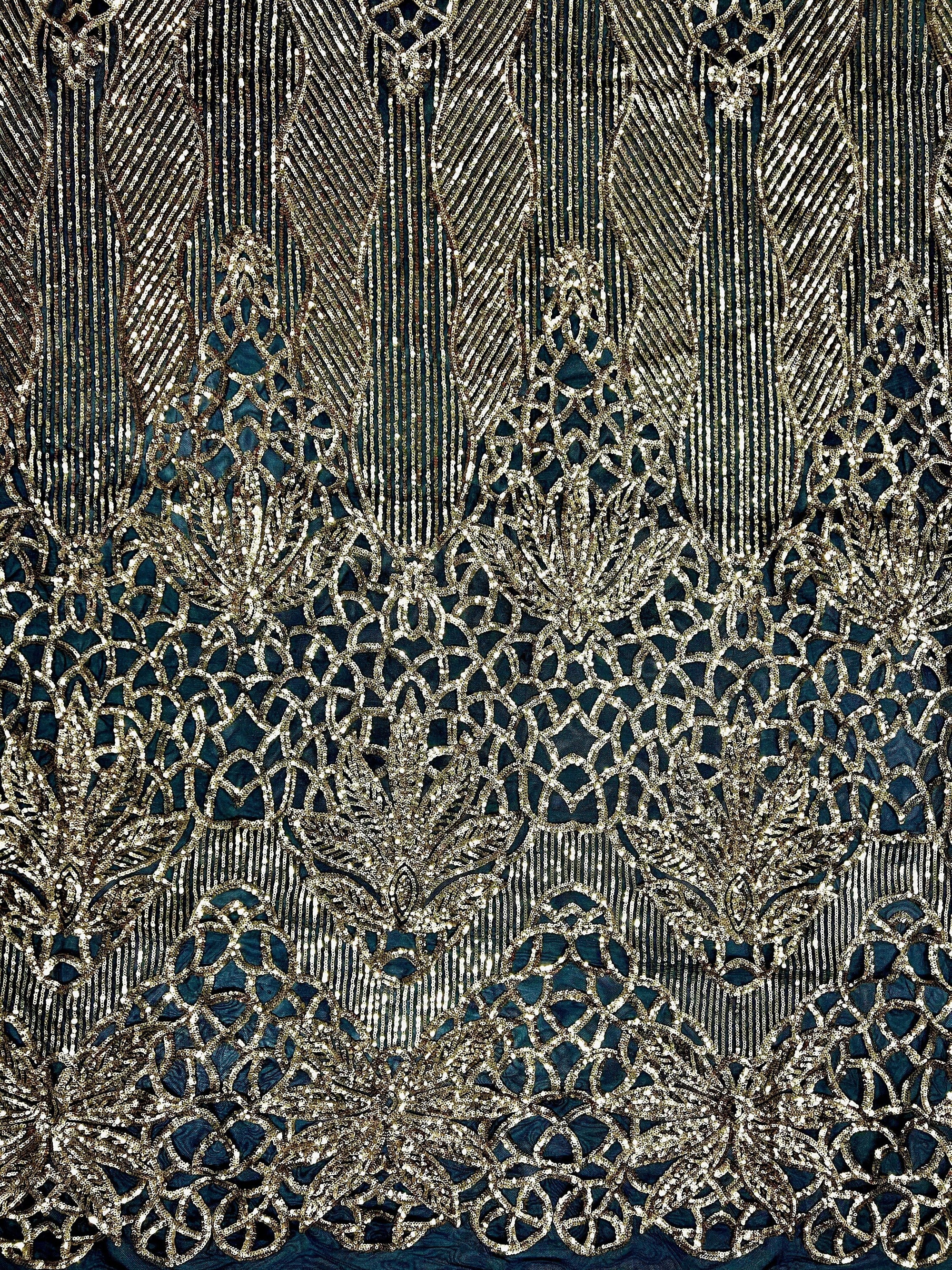 Artemis GOLD Sequins on BLACK Mesh Lace Fabric by the Yard