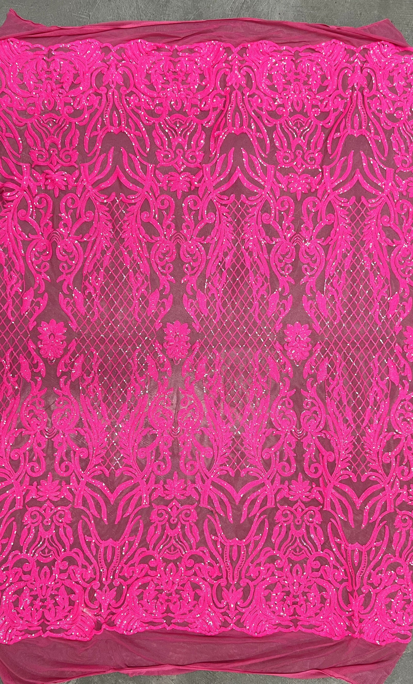 Phoebe HOT PINK Sequins on Hot Pink Mesh Lace Fabric by the Yard - 10062
