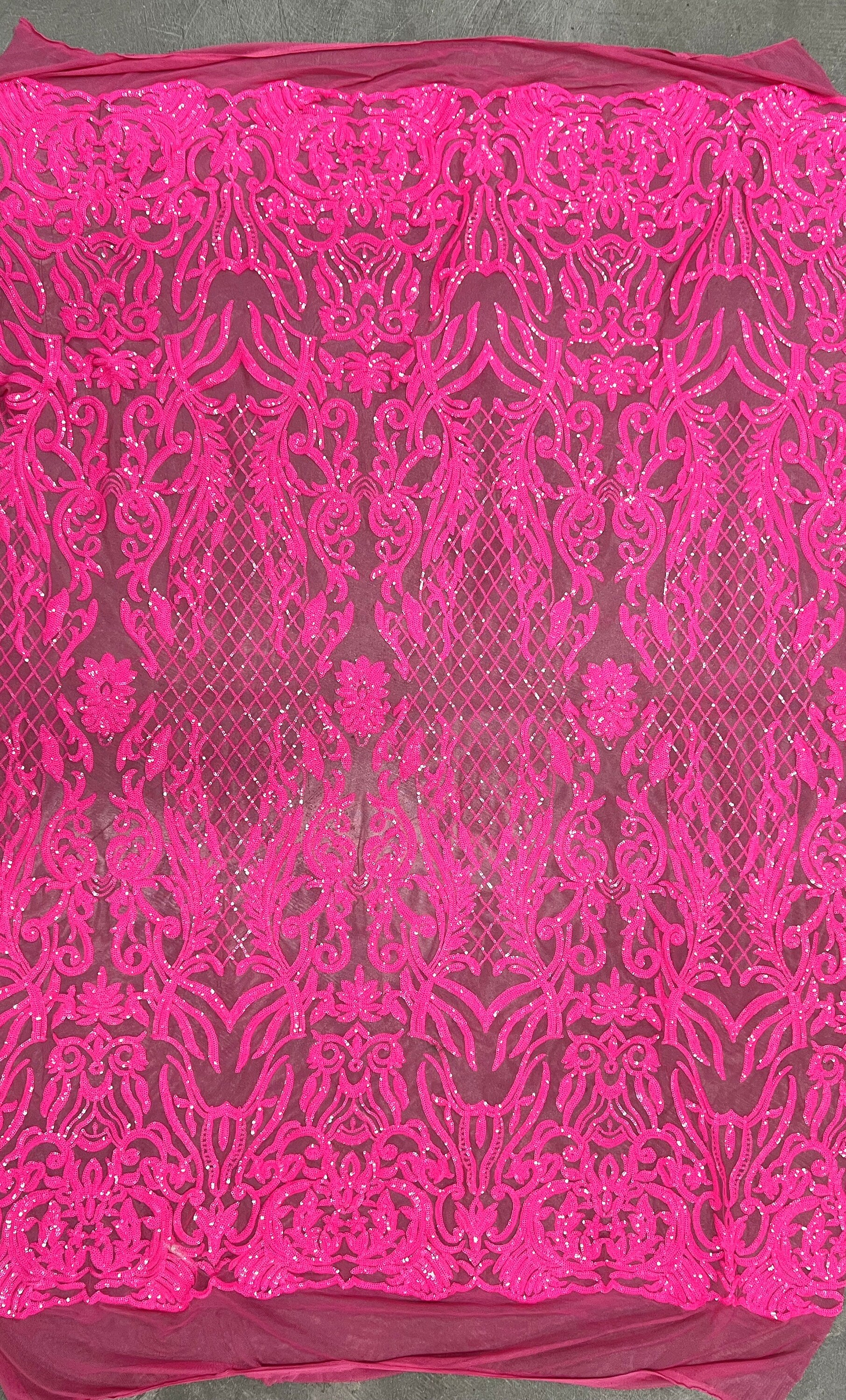 Phoebe HOT PINK Sequins on Hot Pink Mesh Lace Fabric by the Yard - 10062