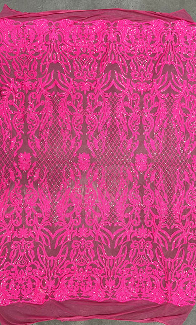 Phoebe HOT PINK Sequins on Hot Pink Mesh Lace Fabric by the Yard - 10062