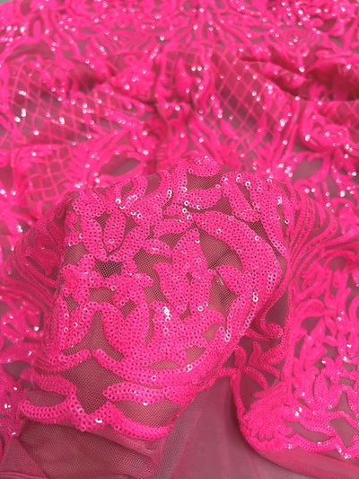 Phoebe HOT PINK Sequins on Hot Pink Mesh Lace Fabric by the Yard - 10062
