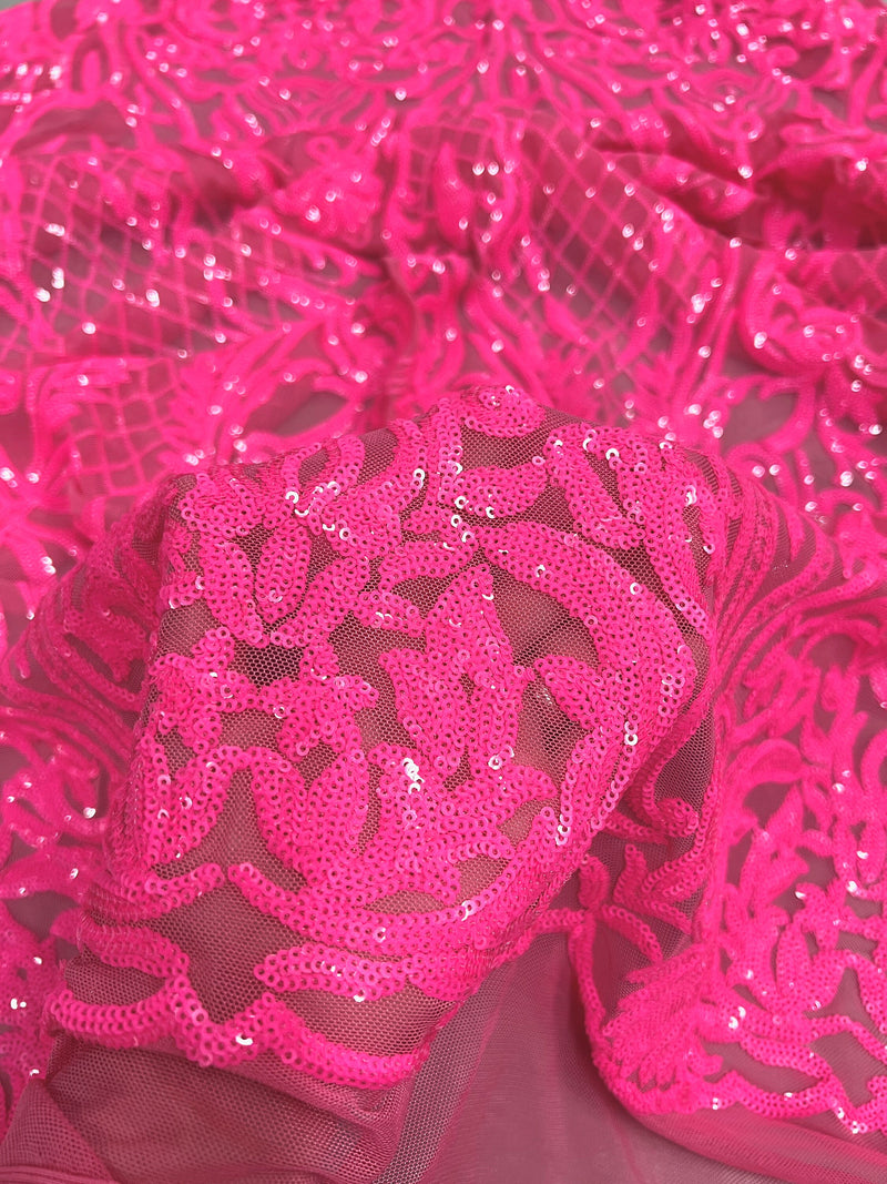 Phoebe HOT PINK Sequins on Hot Pink Mesh Lace Fabric by the Yard - 10062