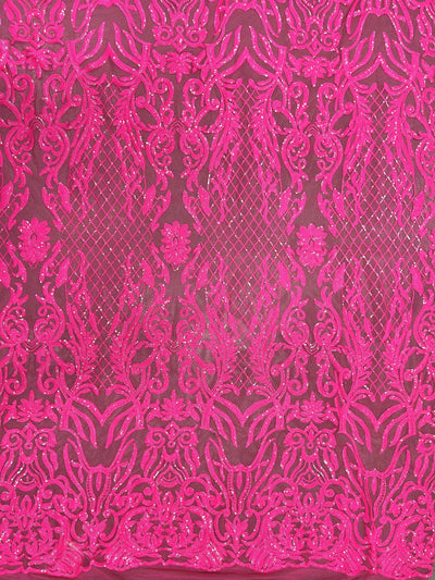 Phoebe HOT PINK Sequins on Hot Pink Mesh Lace Fabric by the Yard - 10062