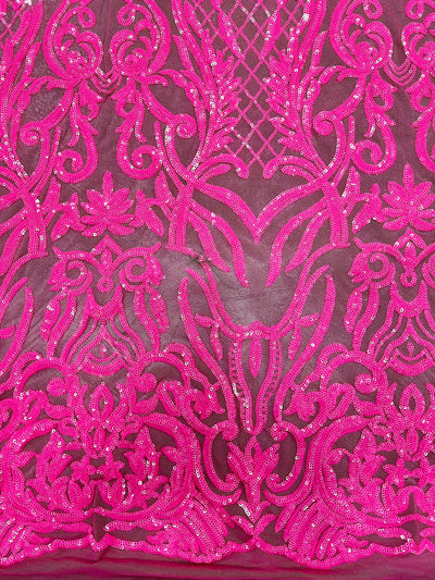 Phoebe HOT PINK Sequins on Hot Pink Mesh Lace Fabric by the Yard - 10062