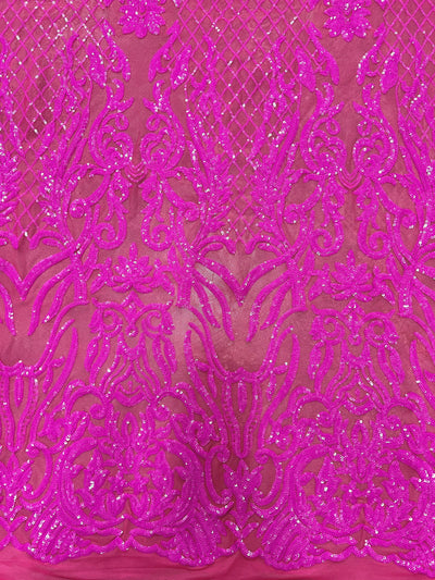 Phoebe FUCHSIA Sequins on HOT PINK Mesh Lace Fabric by the Yard - 10062