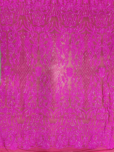 Phoebe FUCHSIA Sequins on HOT PINK Mesh Lace Fabric by the Yard - 10062