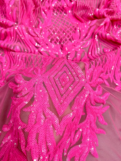 Francesca HOT PINK Vines and Diamonds Pattern Sequins on Mesh Lace Fabric by the Yard - 10130