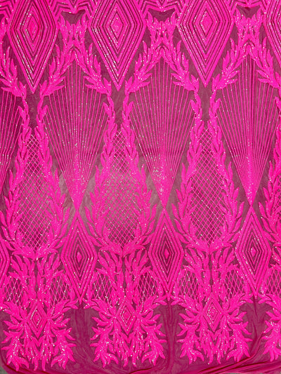 Francesca HOT PINK Vines and Diamonds Pattern Sequins on Mesh Lace Fabric by the Yard - 10130