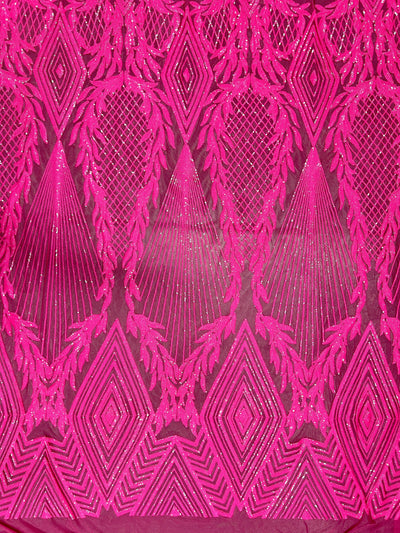 Francesca HOT PINK Vines and Diamonds Pattern Sequins on Mesh Lace Fabric by the Yard - 10130