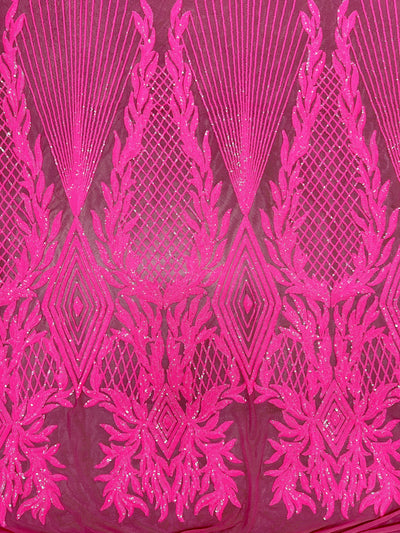Francesca HOT PINK Vines and Diamonds Pattern Sequins on Mesh Lace Fabric by the Yard - 10130