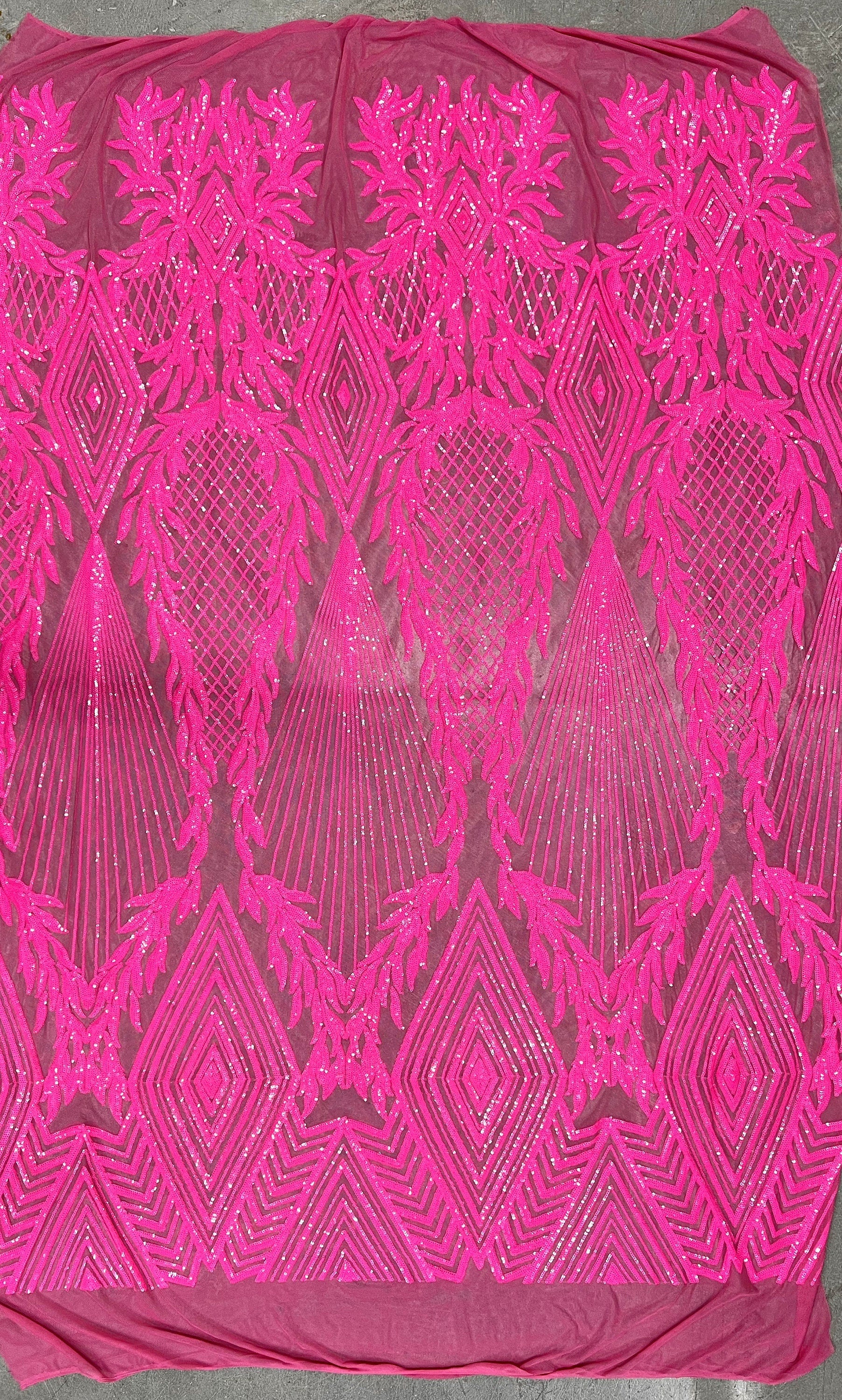 Francesca HOT PINK Vines and Diamonds Pattern Sequins on Mesh Lace Fabric by the Yard - 10130