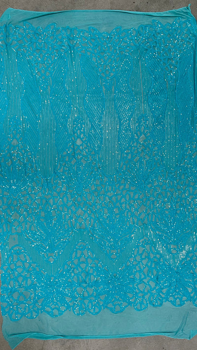 Artemis AQUA Sequins on Mesh Lace Fabric by the Yard