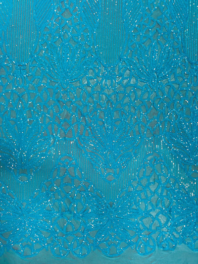 Artemis AQUA Sequins on Mesh Lace Fabric by the Yard