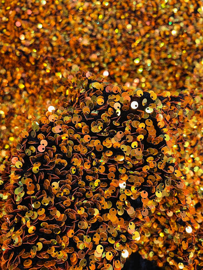 Stephanie IRIDESCENT ORANGE Overlap Sequins on BLACK Stretch Velvet Fabric by the Yard for Gowns, Apparel, Costumes, Crafts - 10185