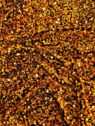 Stephanie IRIDESCENT ORANGE Overlap Sequins on BLACK Stretch Velvet Fabric by the Yard for Gowns, Apparel, Costumes, Crafts - 10185
