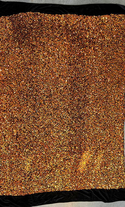 Stephanie IRIDESCENT ORANGE Overlap Sequins on BLACK Stretch Velvet Fabric by the Yard for Gowns, Apparel, Costumes, Crafts - 10185