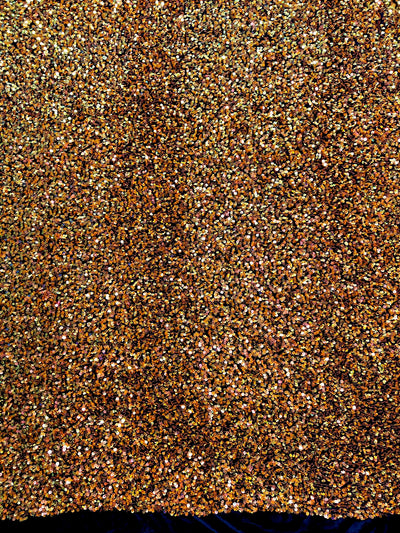 Stephanie IRIDESCENT ORANGE Overlap Sequins on BLACK Stretch Velvet Fabric by the Yard for Gowns, Apparel, Costumes, Crafts - 10185