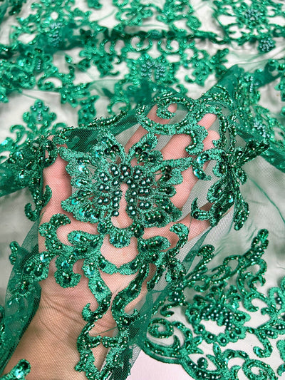 Helena-B HUNTER GREEN Embroidered Damask Pattern with Faux Pearls and Beads on Mesh Lace Fabric by the Yard - 10225