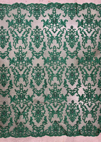 Helena-B HUNTER GREEN Embroidered Damask Pattern with Faux Pearls and Beads on Mesh Lace Fabric by the Yard - 10225