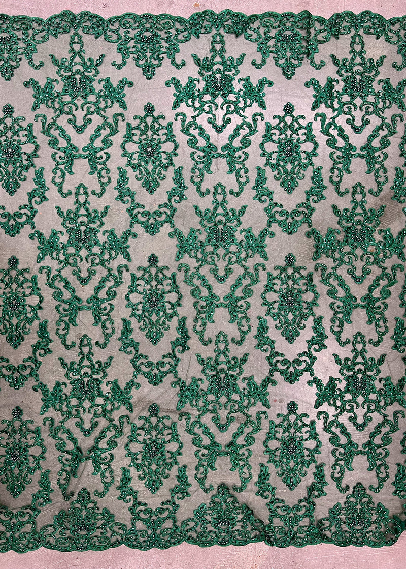 Helena-B HUNTER GREEN Embroidered Damask Pattern with Faux Pearls and Beads on Mesh Lace Fabric by the Yard - 10225