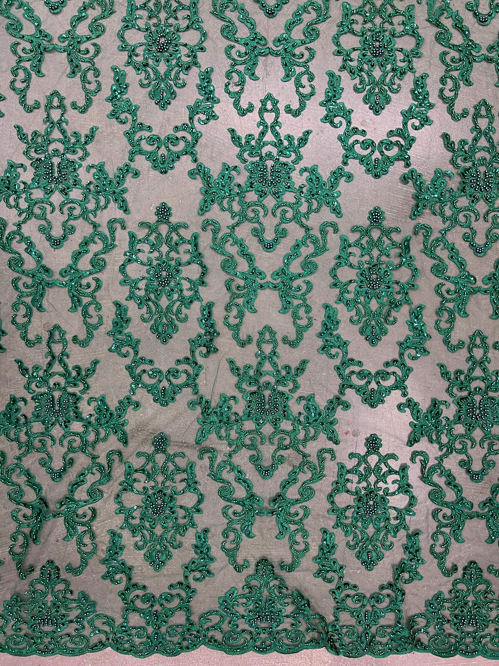 Helena-B HUNTER GREEN Embroidered Damask Pattern with Faux Pearls and Beads on Mesh Lace Fabric by the Yard - 10225
