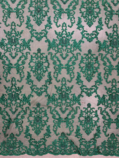 Helena-B HUNTER GREEN Embroidered Damask Pattern with Faux Pearls and Beads on Mesh Lace Fabric by the Yard - 10225