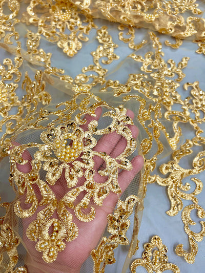 Helena-B GOLD Embroidered Damask Pattern with Faux Pearls and Beads on Mesh Lace Fabric by the Yard - 10225
