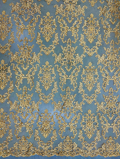 Helena-B GOLD Embroidered Damask Pattern with Faux Pearls and Beads on Mesh Lace Fabric by the Yard - 10225