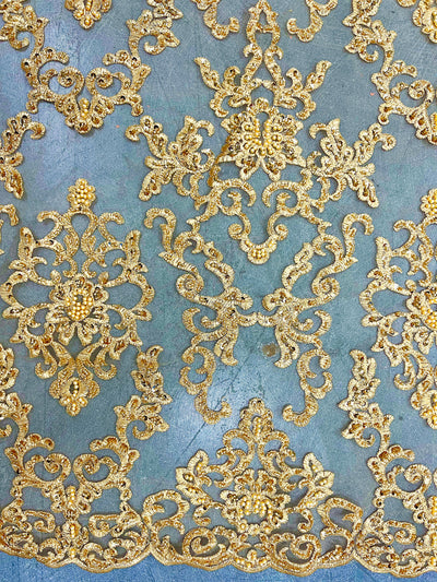 Helena-B GOLD Embroidered Damask Pattern with Faux Pearls and Beads on Mesh Lace Fabric by the Yard - 10225