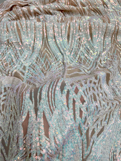 Athena Iridescent WHITE PINK Sequins on NUDE Mesh Lace Fabric by the Yard
