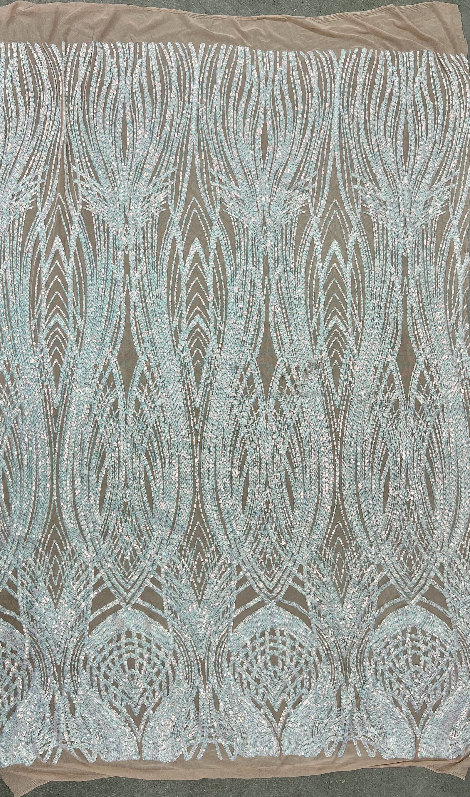 Athena Iridescent WHITE PINK Sequins on NUDE Mesh Lace Fabric by the Yard