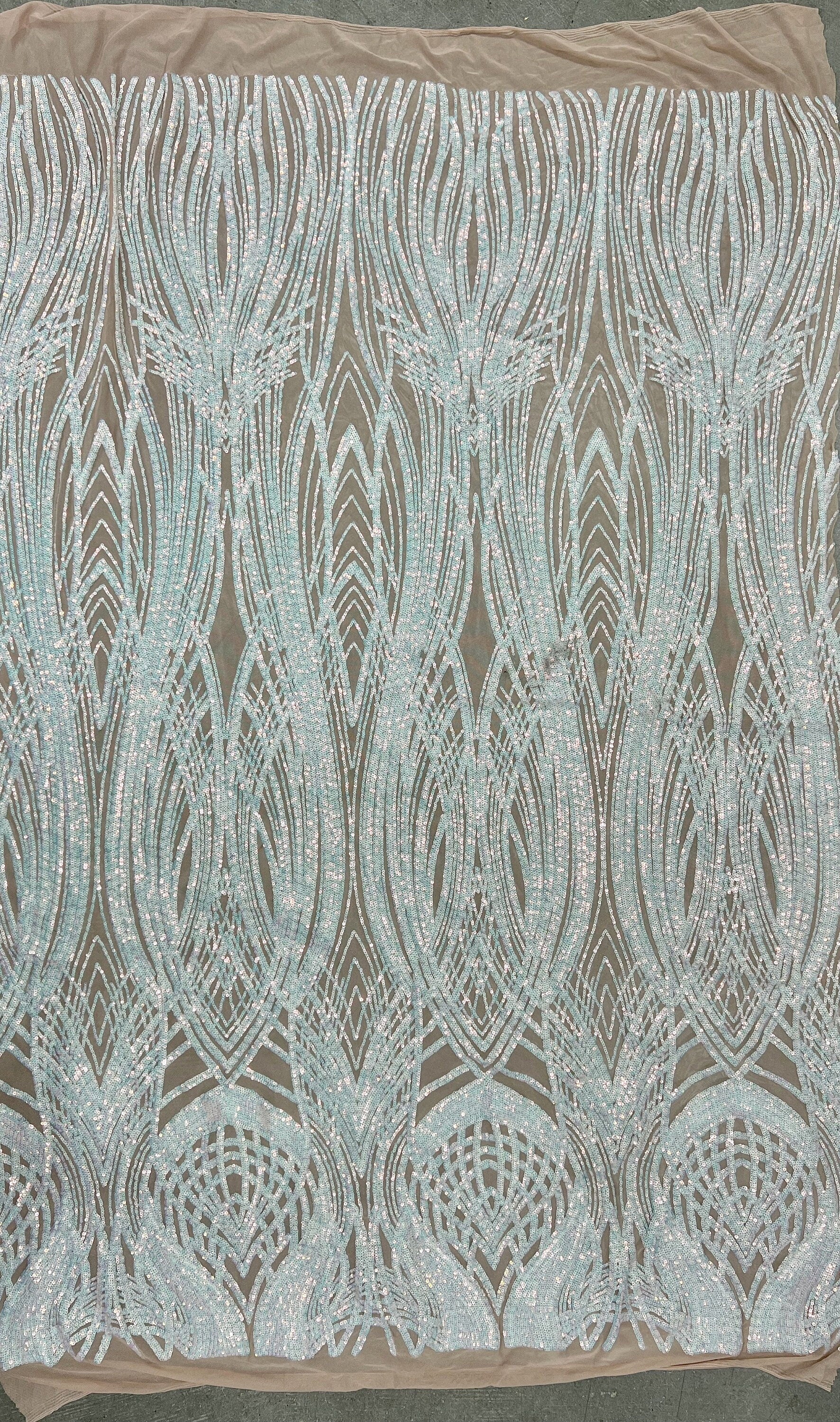 Athena Iridescent WHITE PINK Sequins on NUDE Mesh Lace Fabric by the Yard