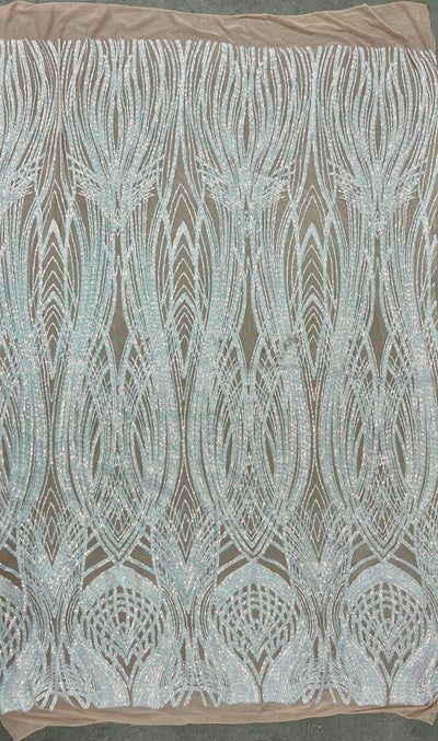 Athena Iridescent WHITE PINK Sequins on NUDE Mesh Lace Fabric by the Yard