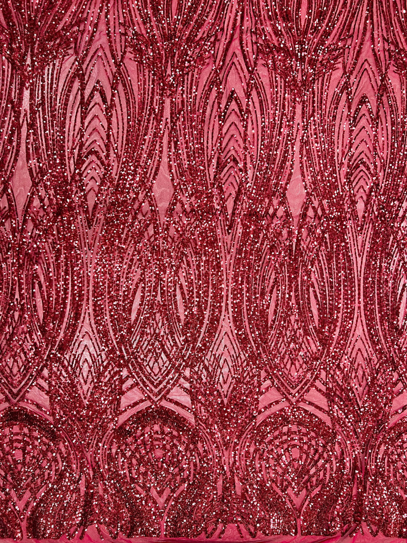 Athena BURGUNDY Sequins on Mesh Lace Fabric by the Yard