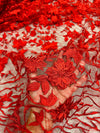 Nina RED Polyester 3D Floral Embroidery on Mesh Lace Fabric by the Yard - 10032