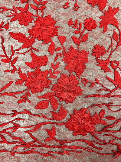 Nina RED Polyester 3D Floral Embroidery on Mesh Lace Fabric by the Yard - 10032