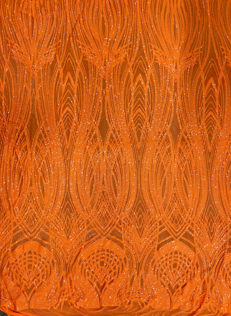 Athena ORANGE Sequins on Mesh Lace Fabric by the Yard