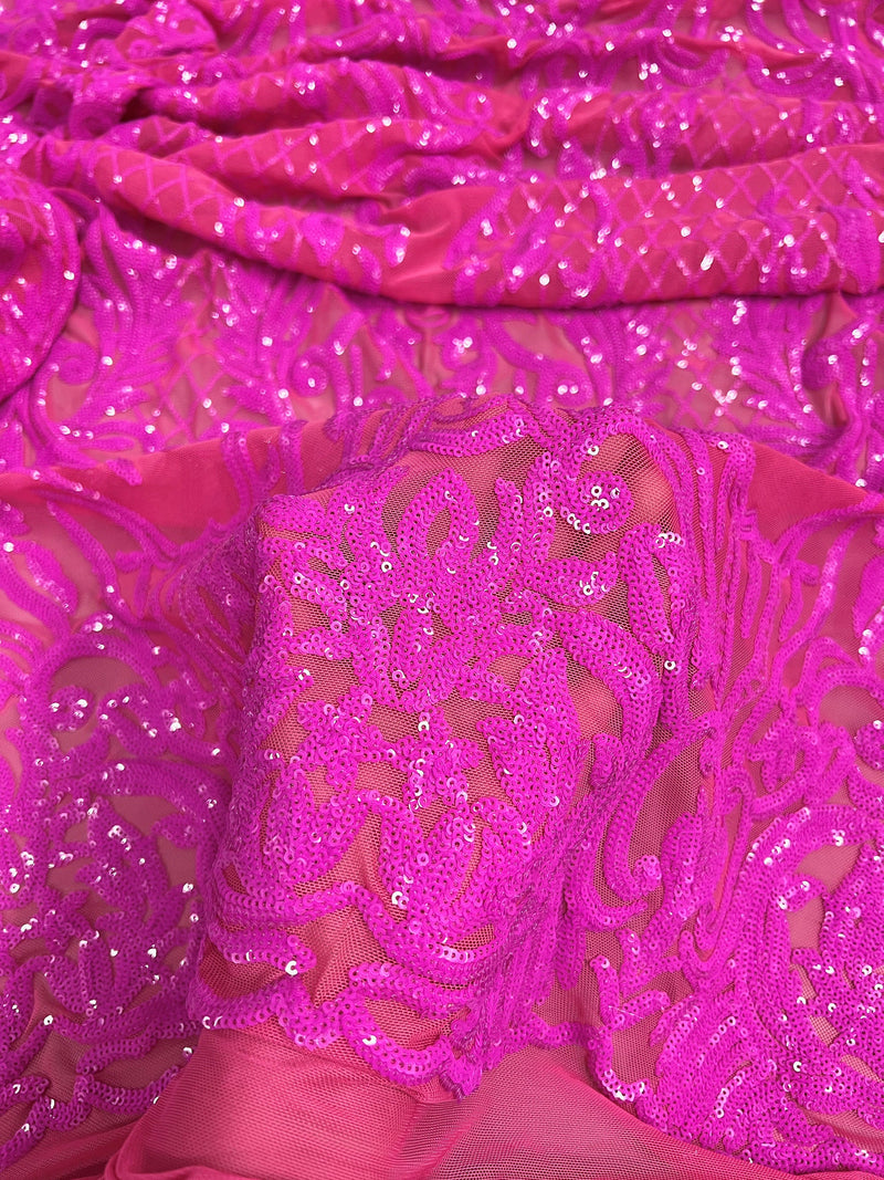 Phoebe FUCHSIA Sequins on HOT PINK Mesh Lace Fabric by the Yard - 10062