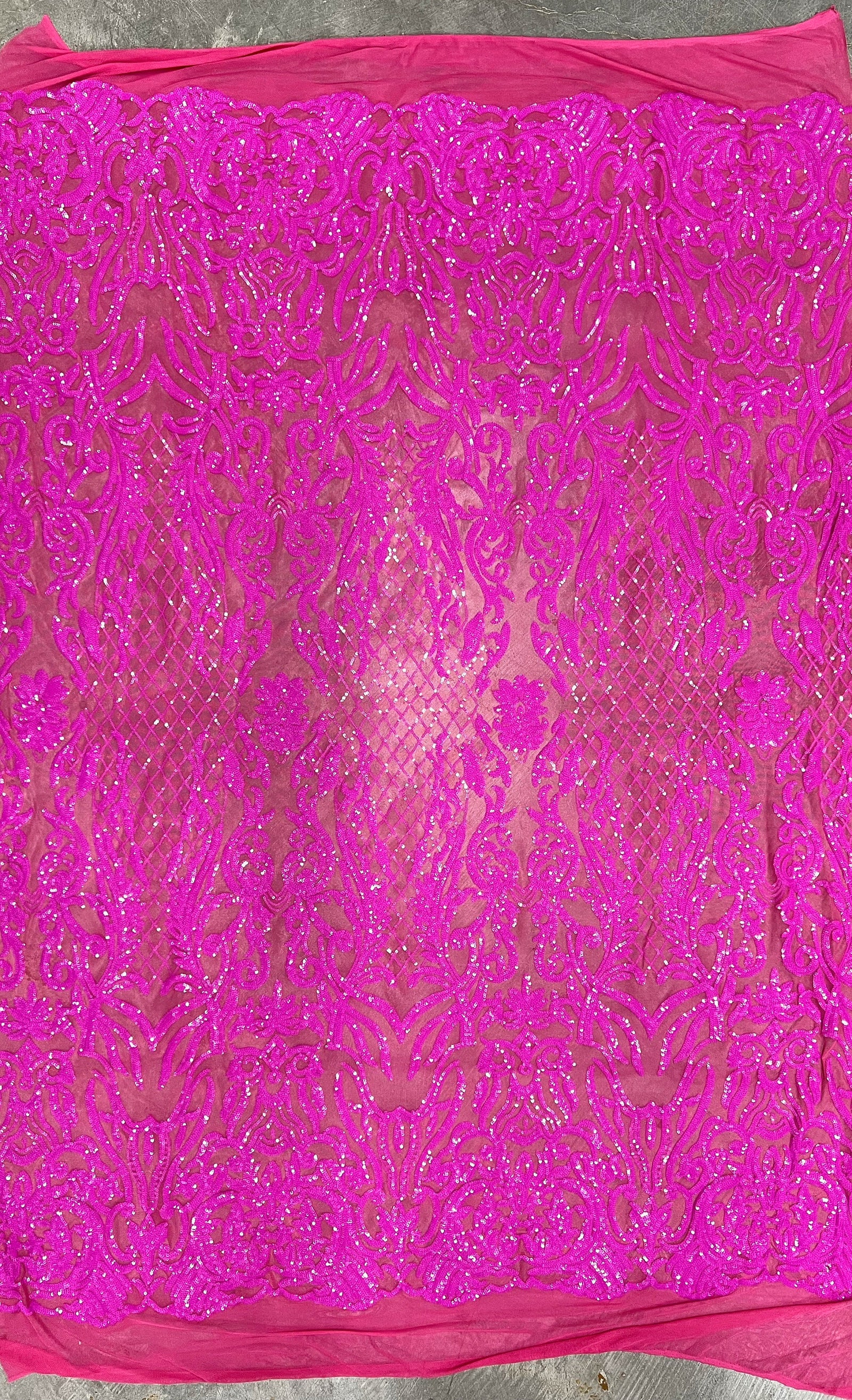 Phoebe FUCHSIA Sequins on HOT PINK Mesh Lace Fabric by the Yard - 10062