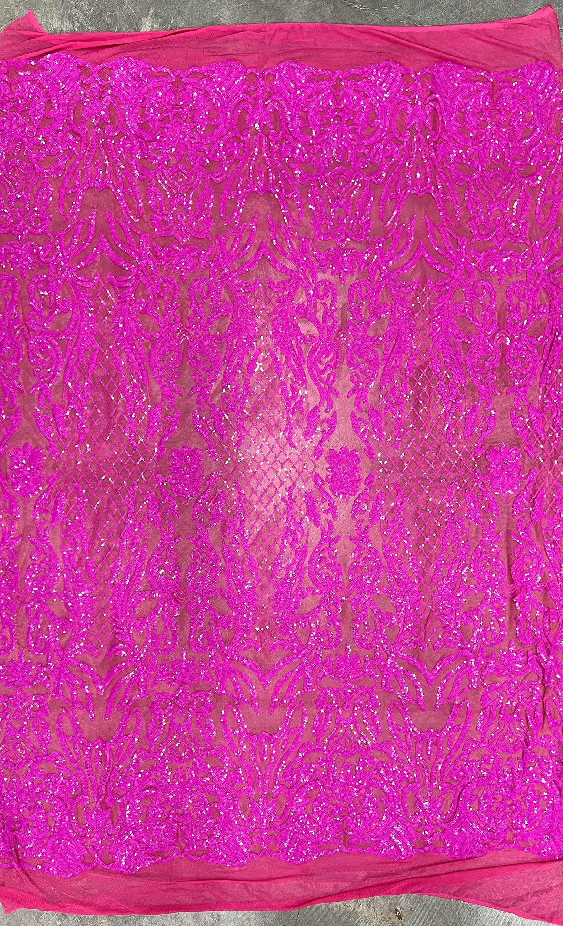 Phoebe FUCHSIA Sequins on HOT PINK Mesh Lace Fabric by the Yard - 10062
