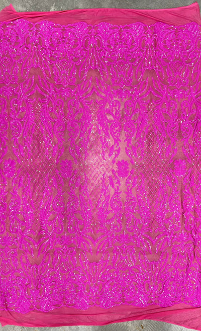 Phoebe FUCHSIA Sequins on HOT PINK Mesh Lace Fabric by the Yard - 10062