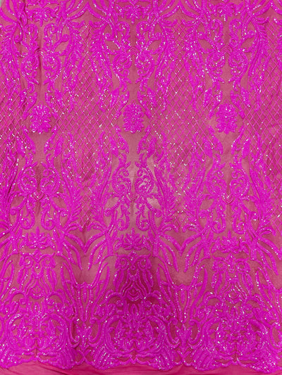 Phoebe FUCHSIA Sequins on HOT PINK Mesh Lace Fabric by the Yard - 10062