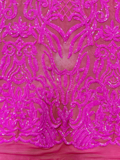 Phoebe FUCHSIA Sequins on HOT PINK Mesh Lace Fabric by the Yard - 10062