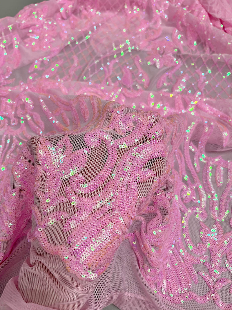 Phoebe IRIDESCENT PINK Sequins on Mesh Lace Fabric by the Yard - 10062