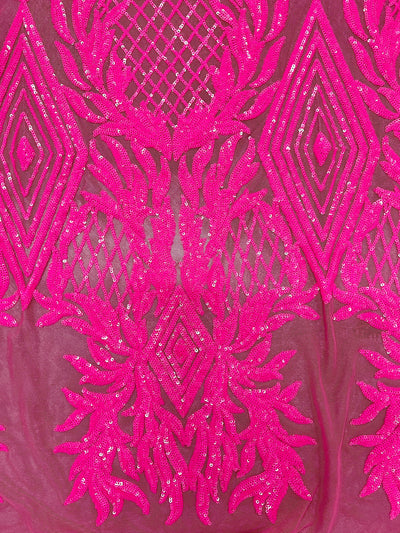 Francesca HOT PINK Vines and Diamonds Pattern Sequins on Mesh Lace Fabric by the Yard - 10130