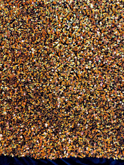 Stephanie IRIDESCENT ORANGE Overlap Sequins on BLACK Stretch Velvet Fabric by the Yard for Gowns, Apparel, Costumes, Crafts - 10185