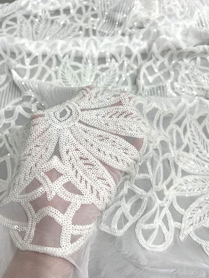 Artemis WHITE Sequins on Mesh Lace Fabric by the Yard